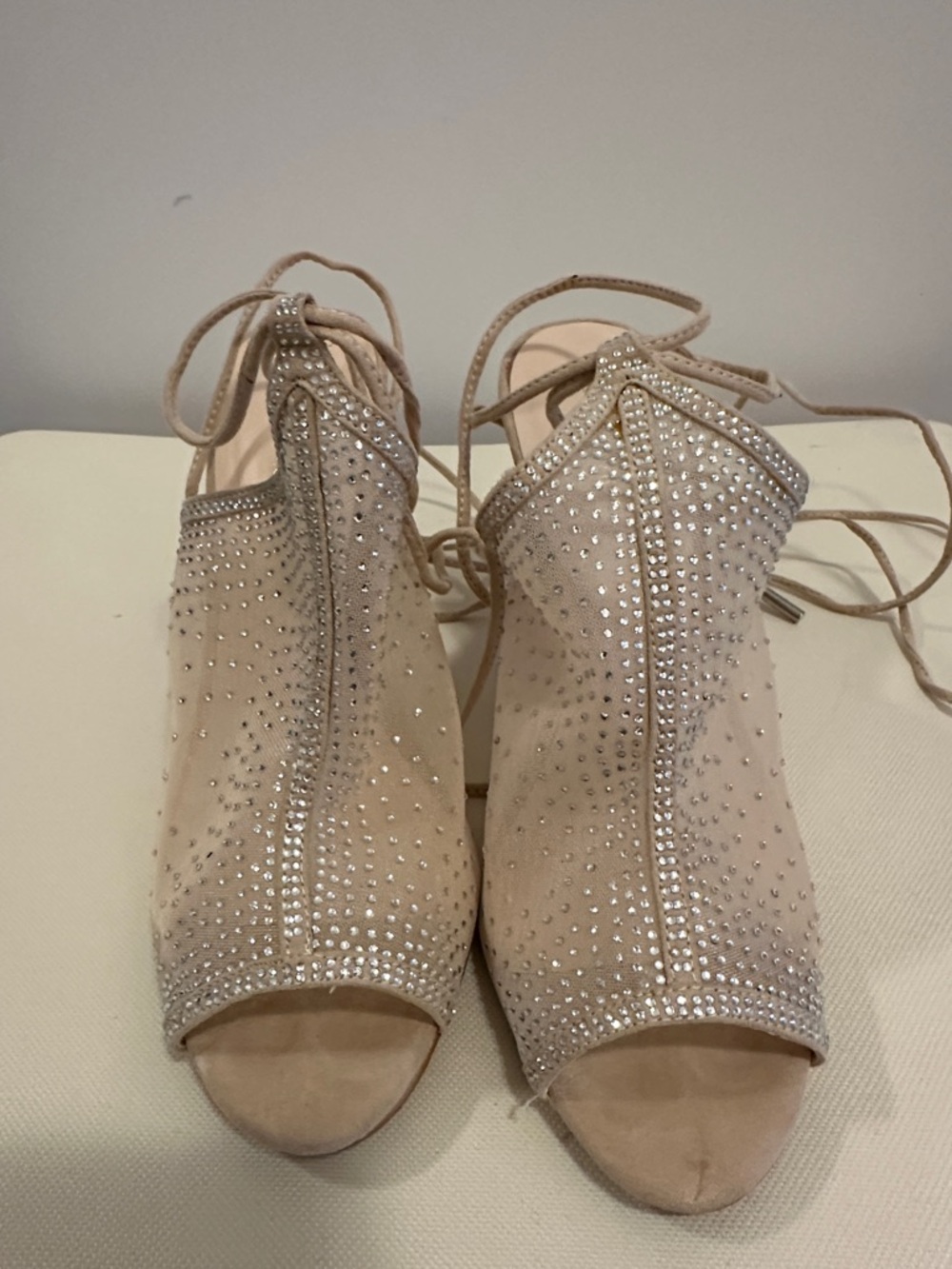 Le Chateau Crystal Beaded Nude Lace-Up Stiletto Sandal - Picture 6 of 11